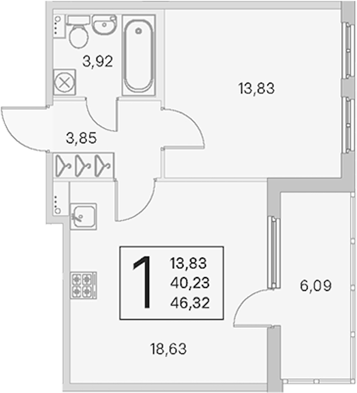 1-комнатная квартира 40.23 м², 1/4 эт., ЖК «Любоград в Стрельне»